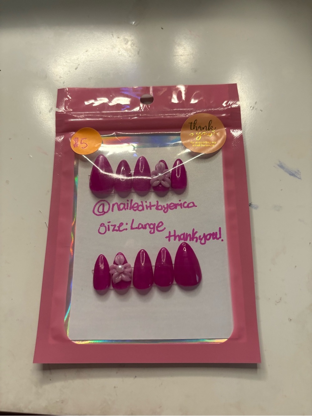 Pink Floral Accent Press-On Nail Set — Large